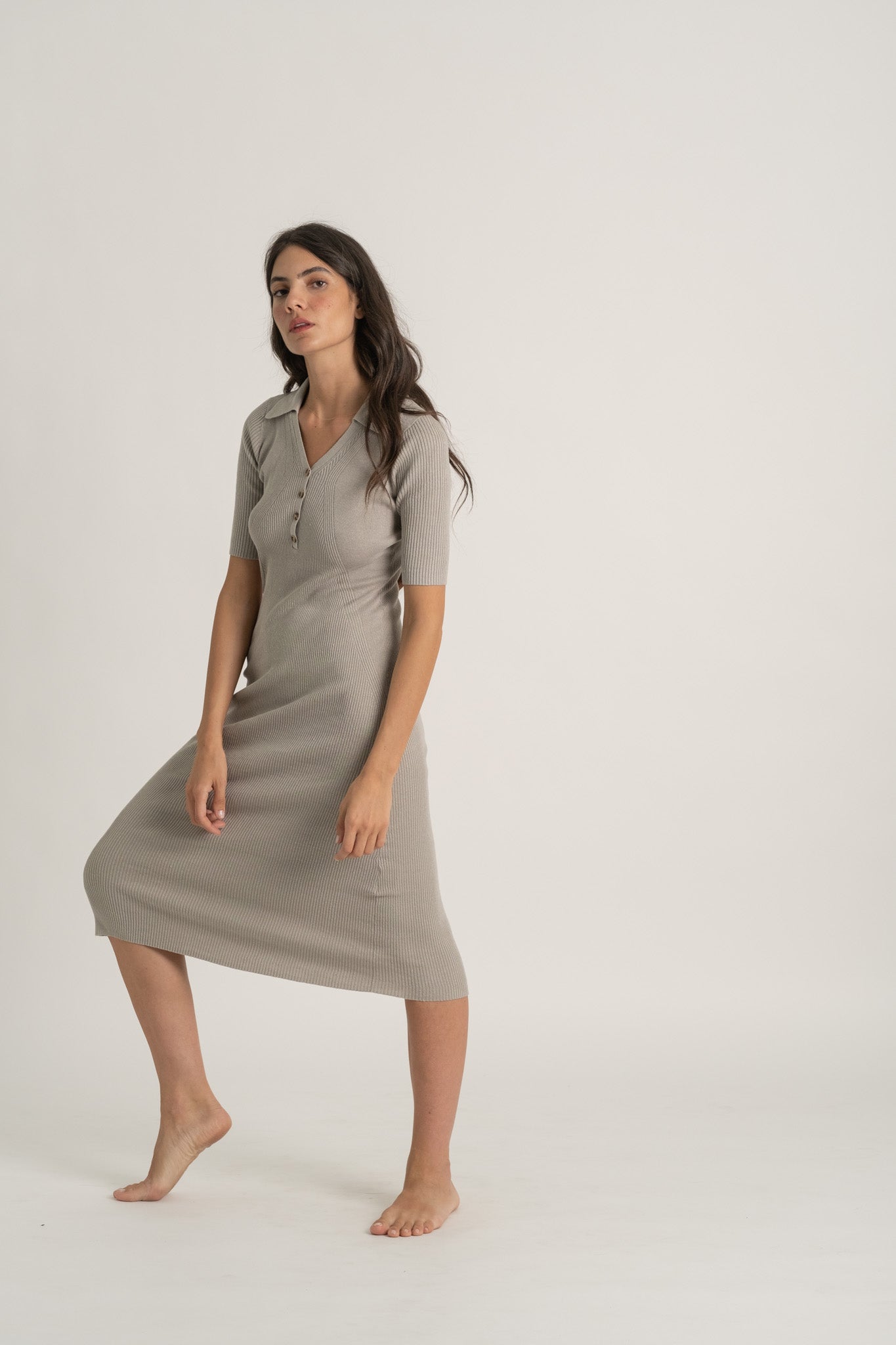 Copy of Ribbed Linen Midi Polo Dress in Pebbly Grey Luxmii