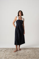 Gessato Linen Midi Dress Navy Pinstripe Luxmii