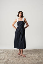 Gessato Linen Midi Dress Navy Pinstripe Luxmii