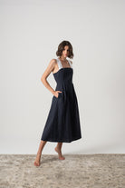Gessato Linen Midi Dress White Pinstripe on Navy Luxmii
