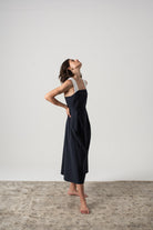 Gessato Linen Midi Dress White Pinstripe on Navy Luxmii