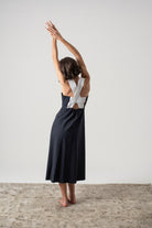 Gessato Linen Midi Dress White Pinstripe on Navy Luxmii