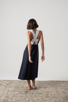 Gessato Linen Midi Dress White Pinstripe on Navy Luxmii
