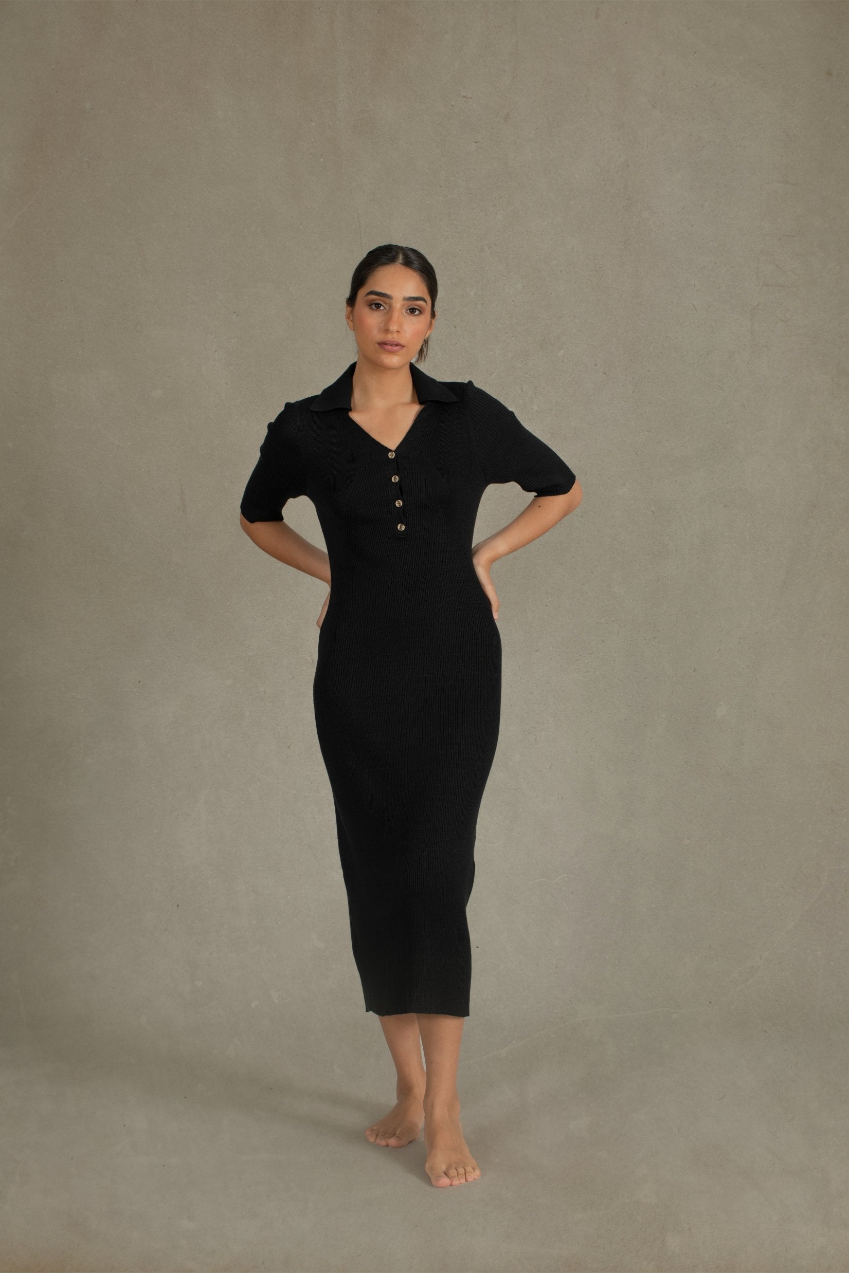Linen Ribbed Midi Polo Dress in Black Luxmii