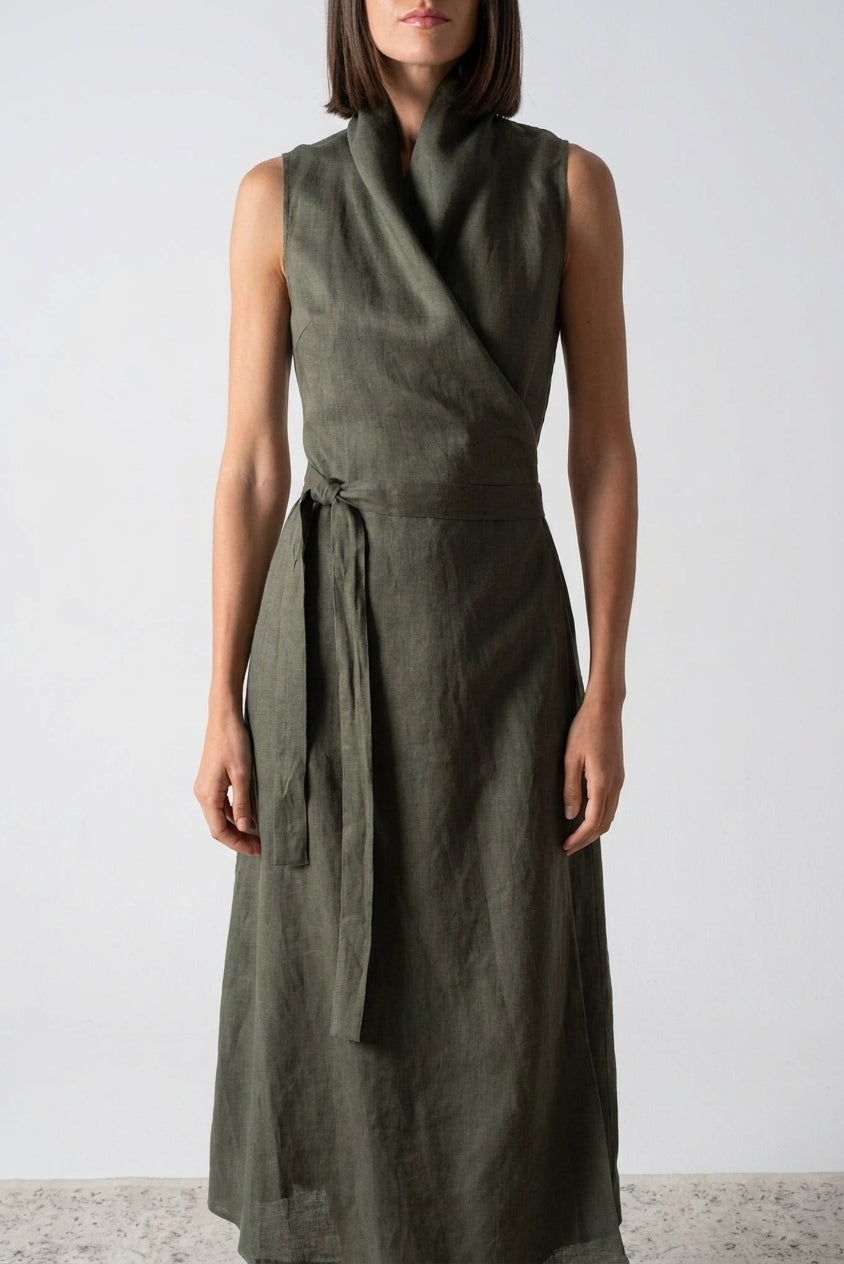 Amara Cowl Neck Wrap Dress Olive Luxmii