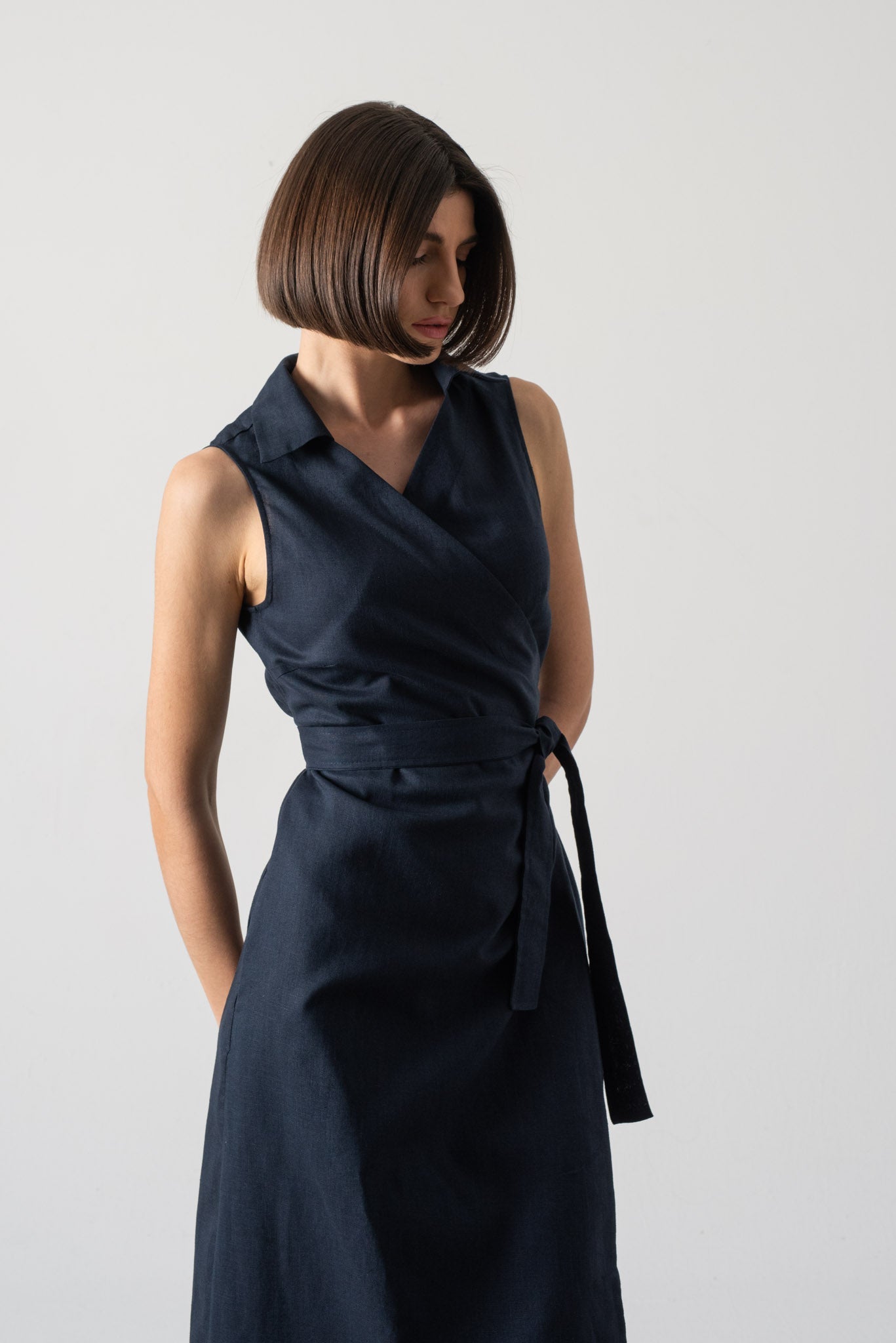 Cora Linen Wrap Dress Navy Luxmii