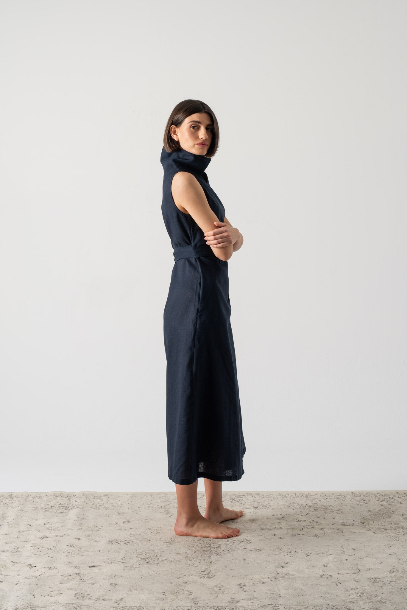 Cora Linen Wrap Dress Navy Luxmii