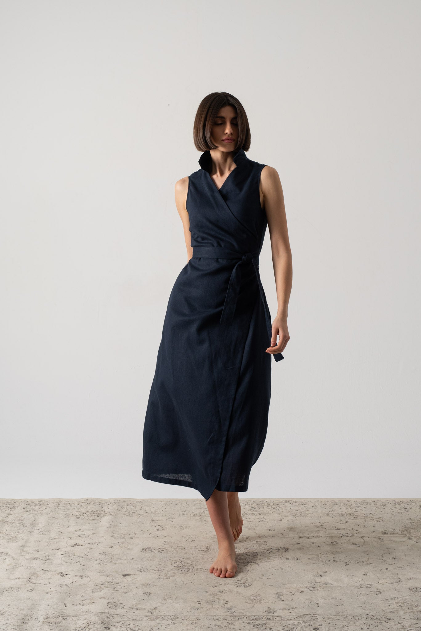 Cora Linen Wrap Dress Navy Luxmii