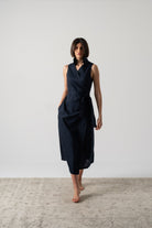 Cora Linen Wrap Dress Navy Luxmii