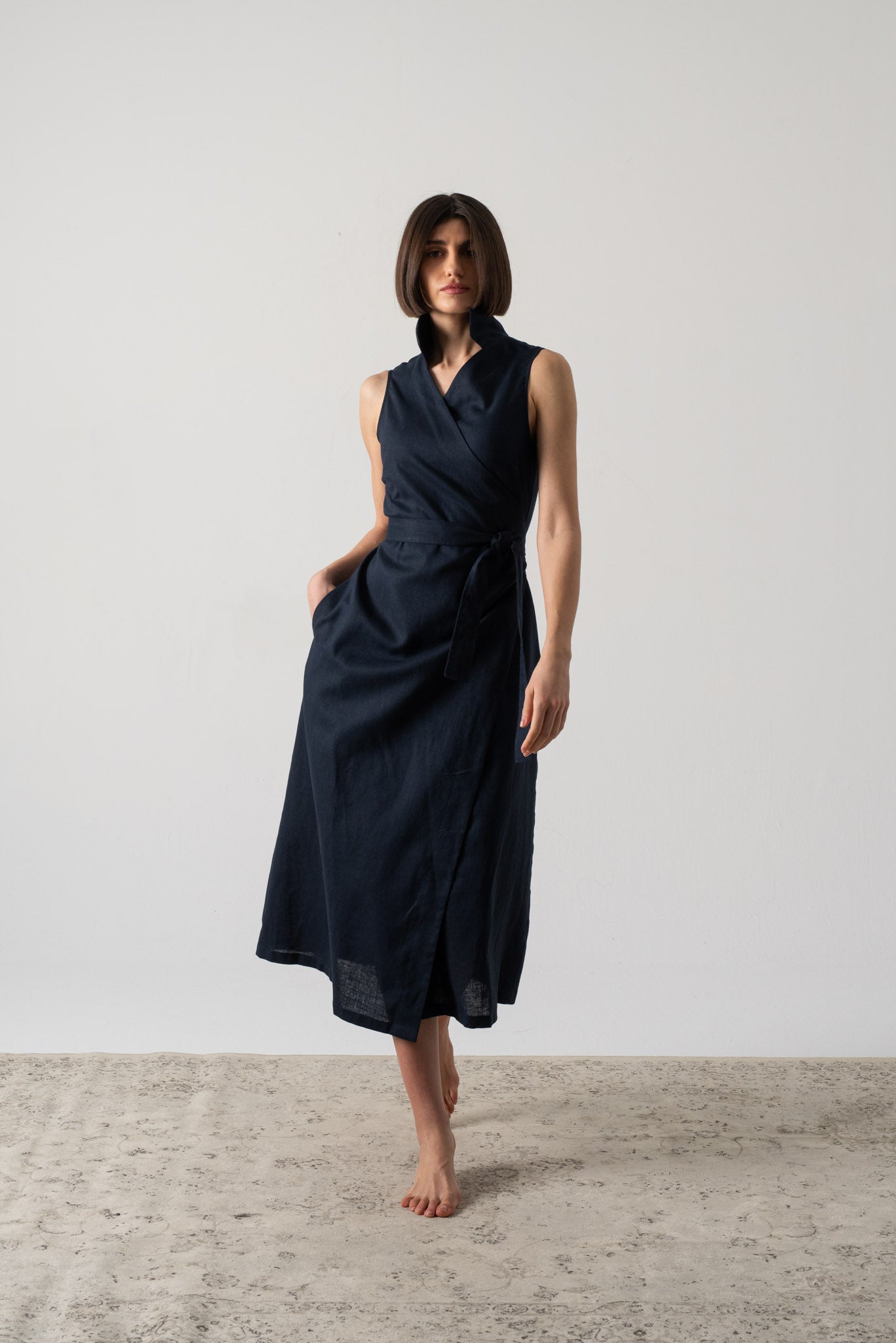 Cora Linen Wrap Dress Navy Luxmii