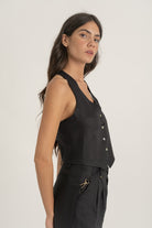 Figurati Linen Gilet Top Black Luxmii