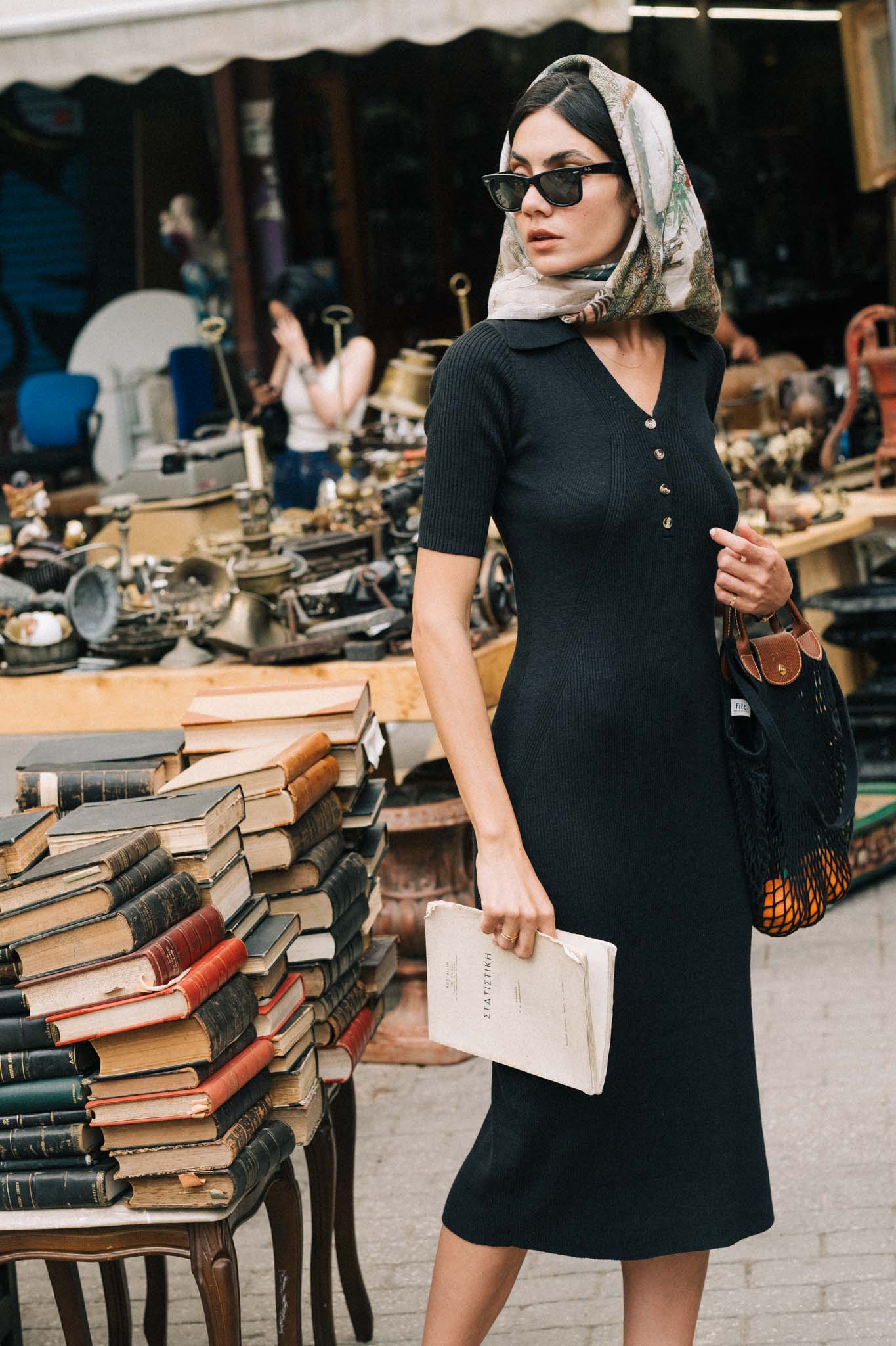 Ribbed Linen Midi Polo Dress in Black