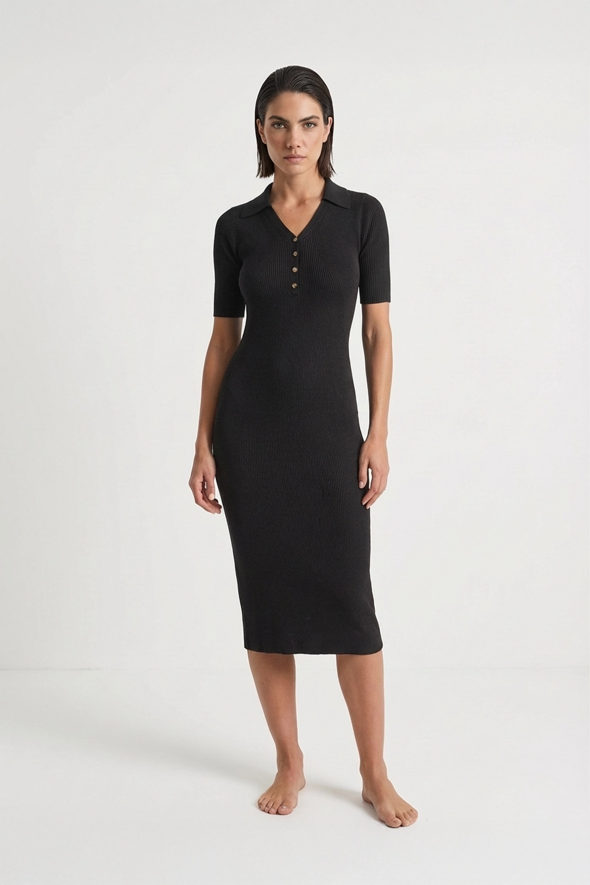 Ribbed Midi Polo Dress in Black Luxmii