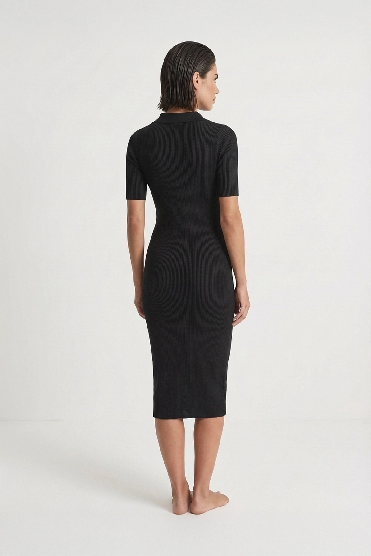 Ribbed Midi Polo Dress in Black Luxmii