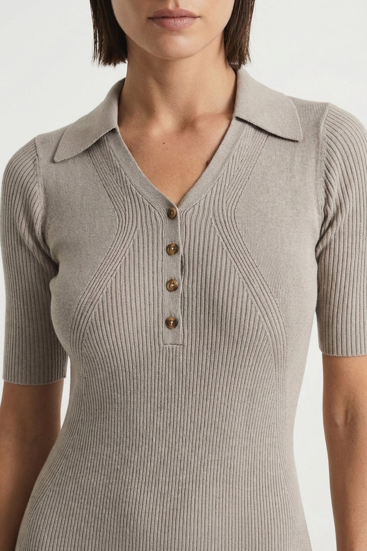 Ribbed Midi Polo Dress in Pebble Grey Luxmii