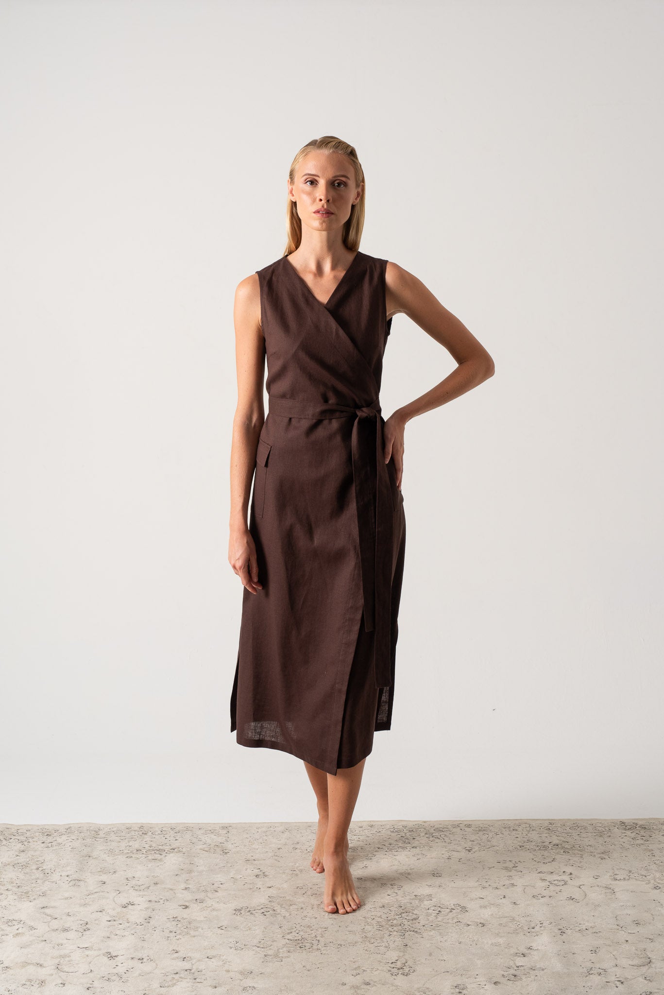 Safari Linen Wrap Dress Brown Espresso Luxmii