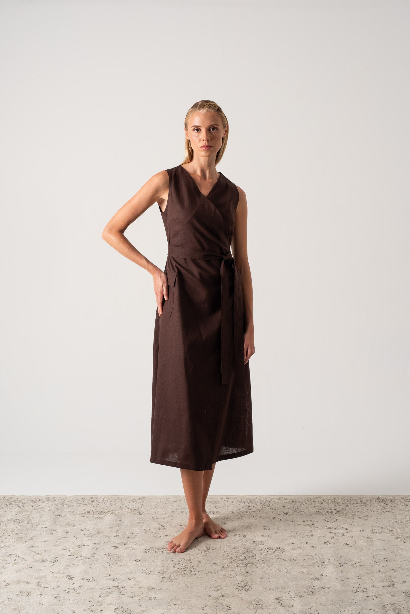 Safari Linen Wrap Dress Brown Espresso Luxmii