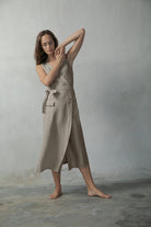 Safari Linen Wrap Dress Oatmeal Beige Luxmii