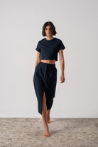 Zafran Linen Midi Skirt in Navy Luxmii