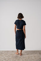 Zafran Linen Midi Skirt in Navy Luxmii